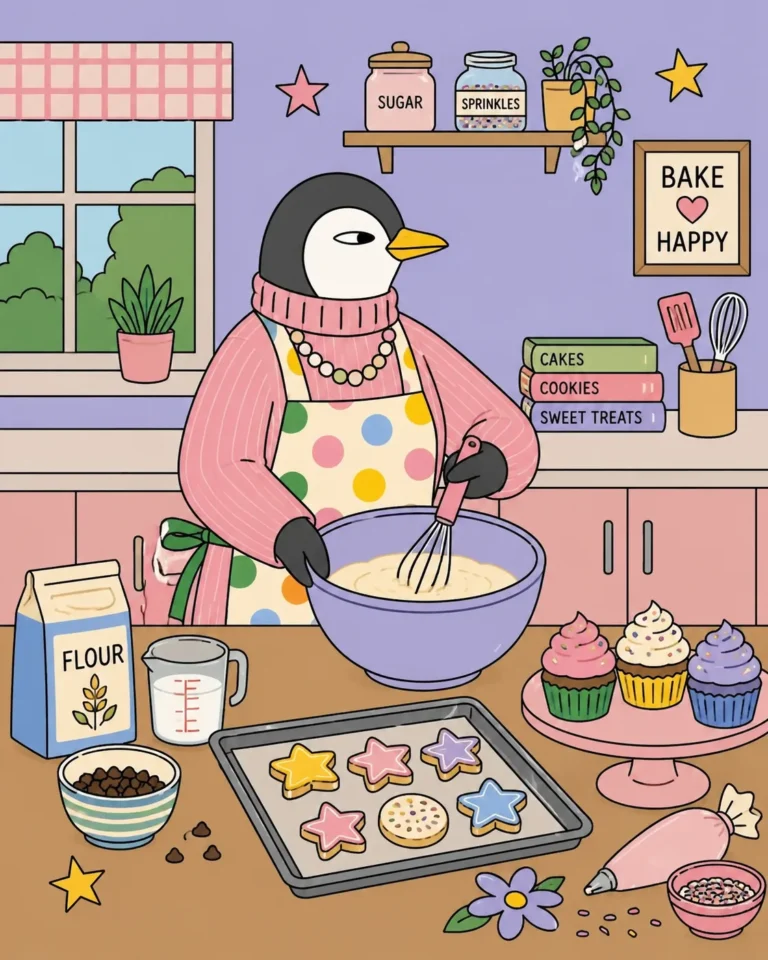 お菓子作りをするペンギン